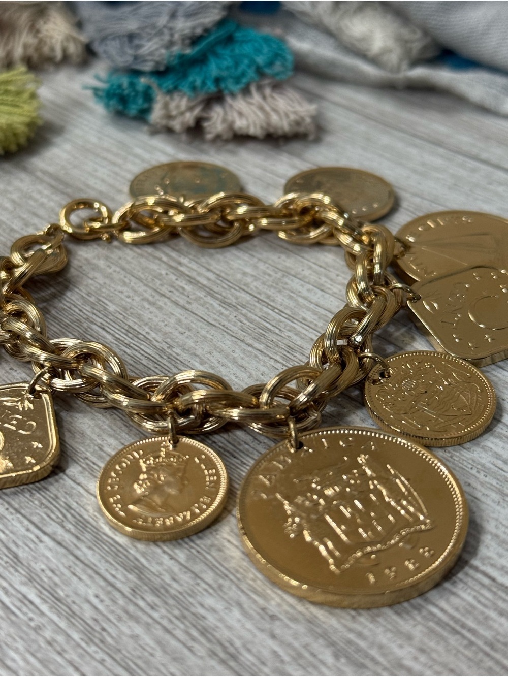 Gold Toned Coin Charm Chain Bracelet